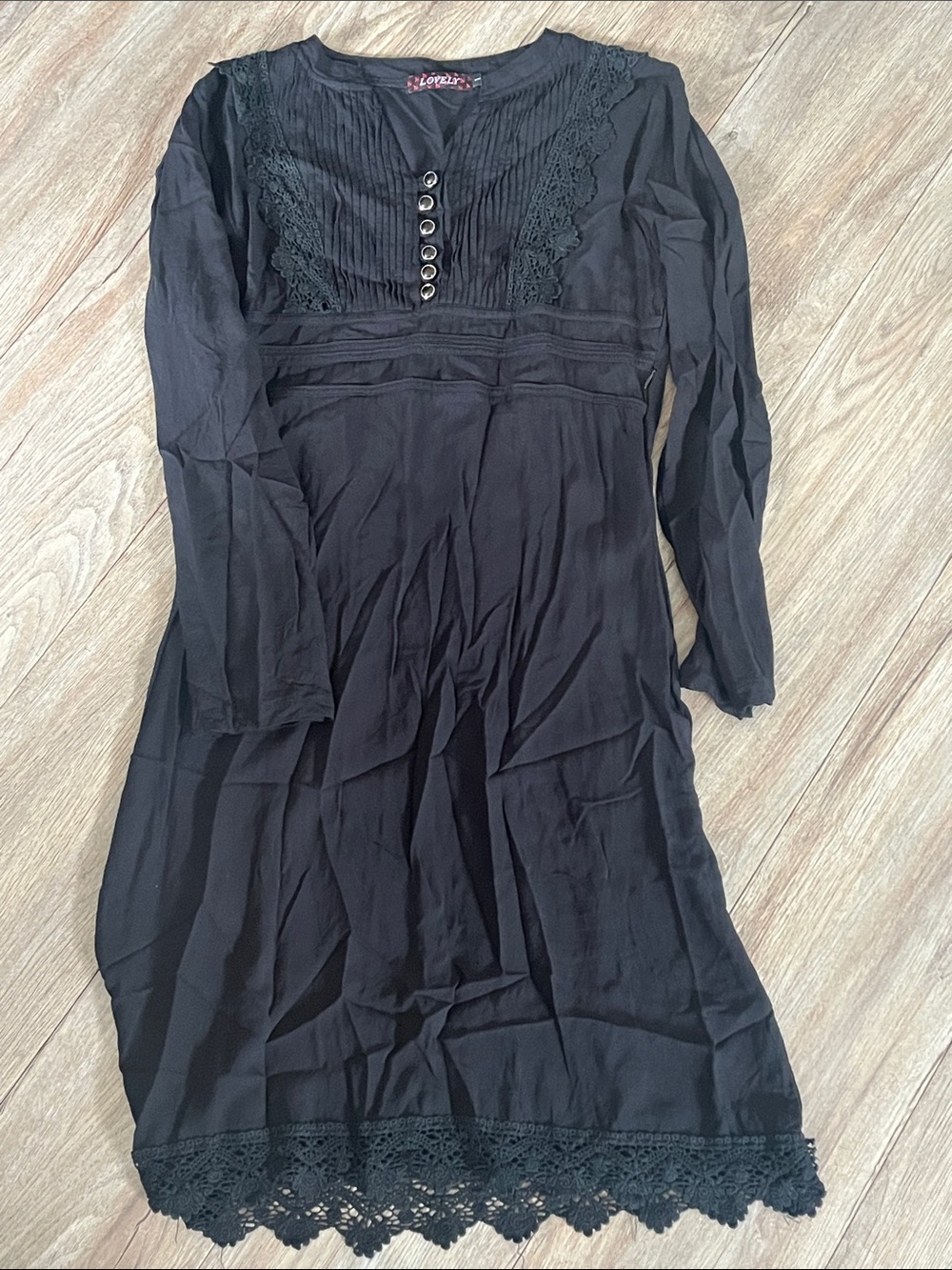 Black Vintage Style 100% Cotton Lace-Trim Long Sleeve Dress with side Zipper